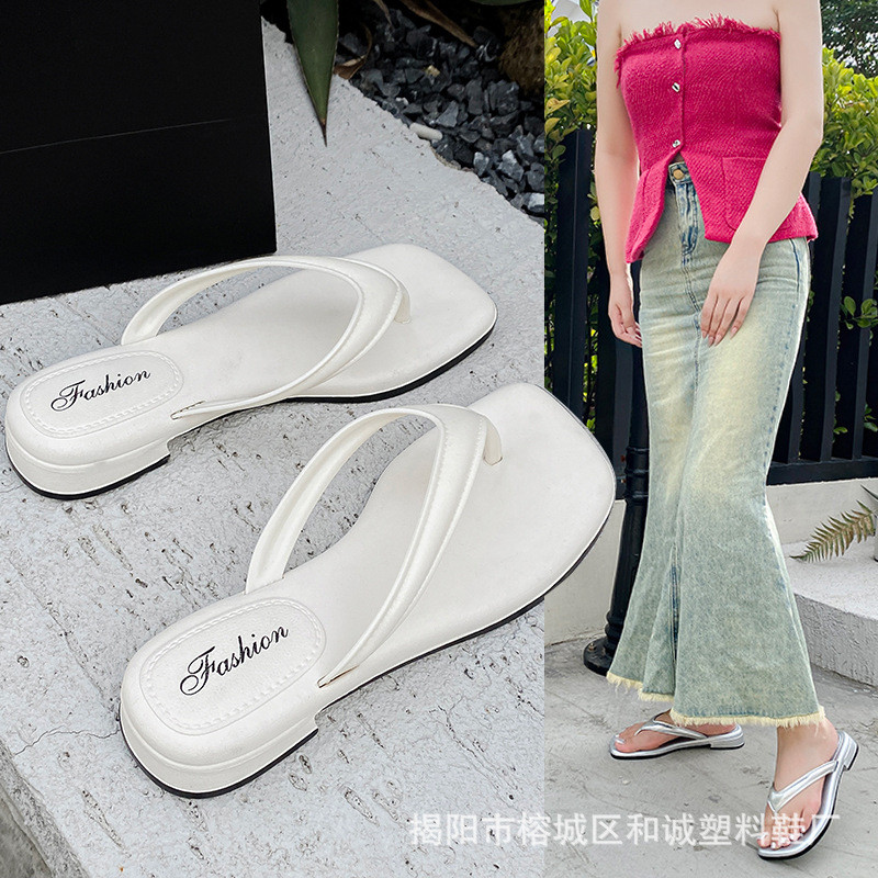 Phụ Nữ Flip-Flops Nêm Gót Bên Ngoài Mặc Flip-Flops PVC Chống Trơn Trượt Đi Biển Dép Dép Đơn Giản Hai