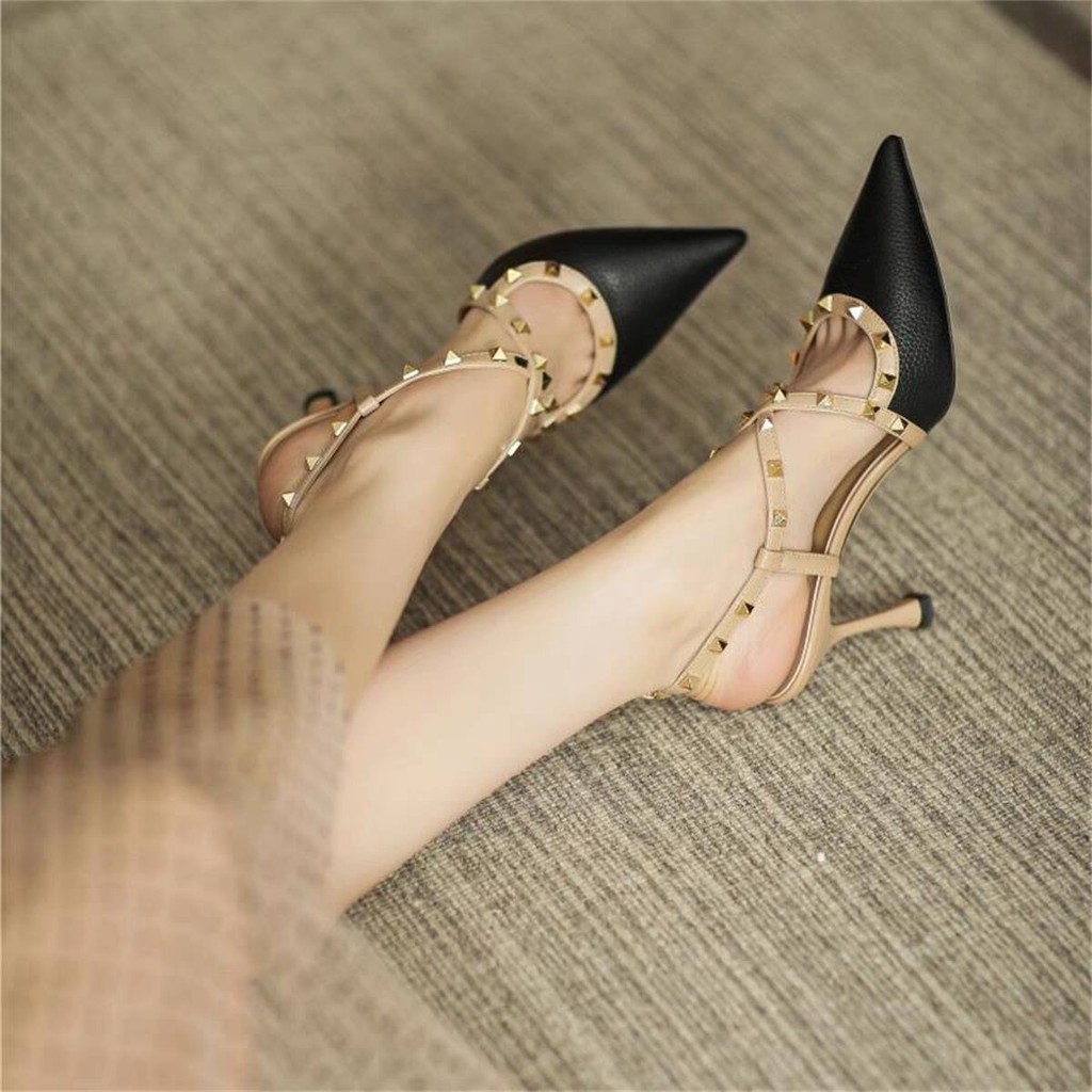Gợi Cảm Ren Đinh Tán Mũi Nhọn Giày Cao Gót Stiletto Sandal Nữ