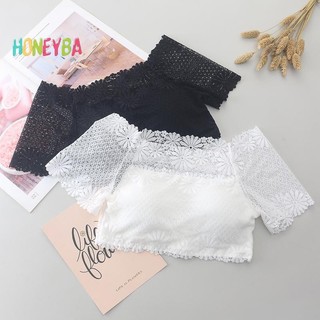 < Honeyba > Áo Crop top trễ vai ren gợi cảm dành cho nữ có miếng đệm Áo ngực ngắn tay Áo yếm đẹp