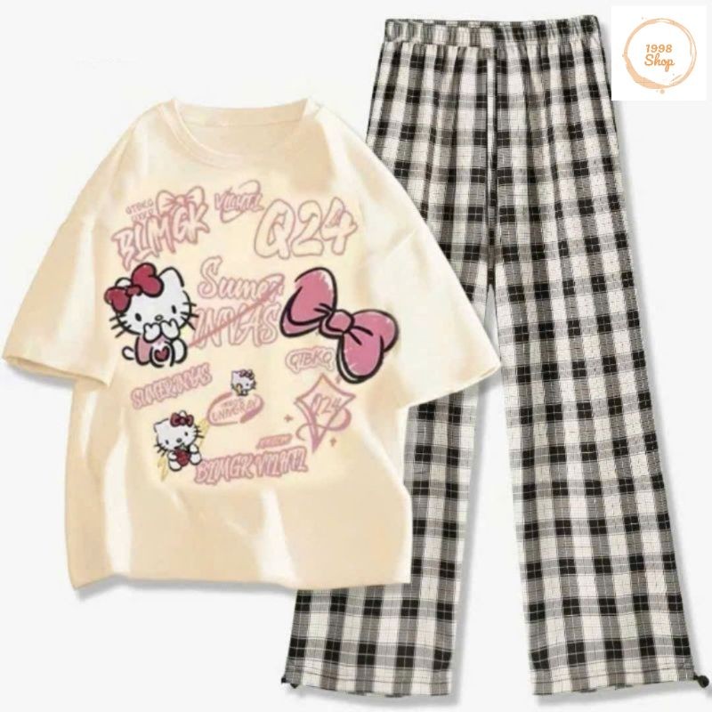 Tổng Hợp Các Sét Quần Ống Rộng + Mix Áo Phông Hình Mèo HÊ LÔ KÍT TI form rộng tay lỡ cotton - Hình Mèo Màu BE