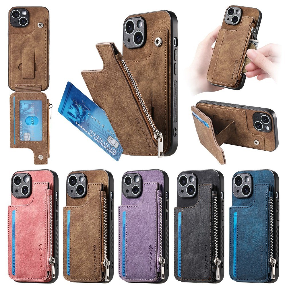 Ví Dây Kéo Retro Có Đựng Thẻ Ốp Lưng Điện Thoại Cho IPhone 16E 16 15 14 Plus 13 12 Mini 11 Pro Max XS XR 7 8 Plus Bao Da