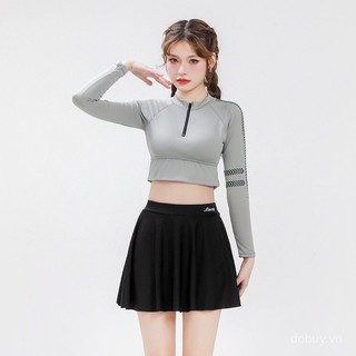 Đồ bơi hai mảnh có chân váy, tay dài thể thao, bảo vệ da, eo cao, kiểm soát bụng, trang nhã, cao cấp