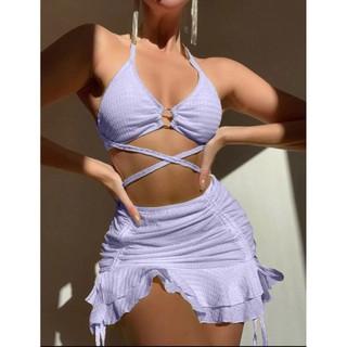 Đồ Bơi Nữ Màu Kẹo Dây Đeo Chéo Voan Váy Ba Mảnh Bikini Tắm SUit