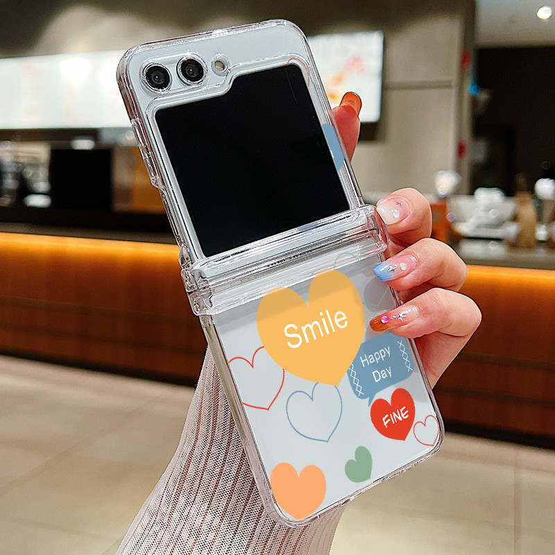 Ốp điện thoại trong suốt họa tiết tình yêu đầy màu sắc cho Samsung Galaxy Z Flip 6 Flip 5 Flip 4 5G Full Bản lề PC cứng gấp cho Samsung Z Flip 6 5 4 3