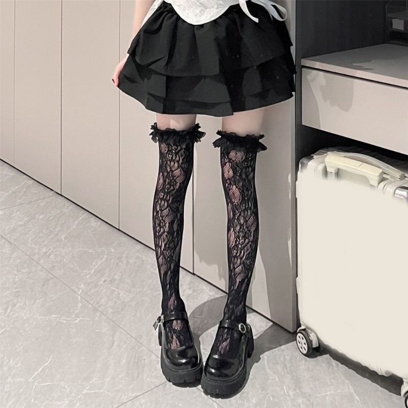 Woke Fishnet Đùi Cao Tất Cho Nữ Ruffle Viền Hoa Ren Trên Đầu Gối Tất