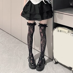 Woke Fishnet Đùi Cao Tất Cho Nữ Ruffle Viền Hoa Ren Trên Đầu Gối Tất