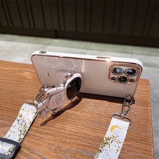 Ốp lưng OPPO A6 Pro 5G 4G 2025 Vỏ điện thoại mạ điện 6D dễ thương thời trang mới OPPO A6Pro có giá đỡ phi hành gia Dây đeo chéo dài cho bé gái