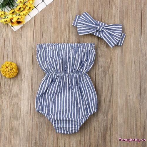 Bộ Quần Áo Bé Gái Ống Top Nơ Áo Liền Quần Sọc Không Tay + Băng Đô 2 Chiếc Trang Phục