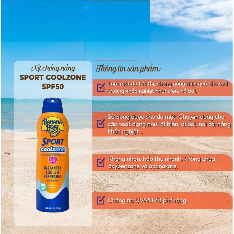 Kem Chống Nắng Banana Boat Sport Ultra Coolzone SPF50+ PA++++ Dạng Xịt  (170g) Và Tuýp (90ml) USA