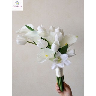 bó hoa cưới cô dâu rum và tulip trắng nhân tạo lễ thành hôn, lễ cưới, chụp ảnh cưới CEVERIA