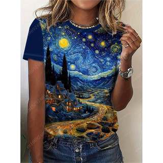 Đêm Đầy Sao Van Gogh Áo Mùa Hè Nữ Cổ Tròn Áo Thun 3D In Tay Ngắn Top Vintage Quần Áo Quá Khổ Tee