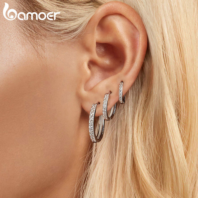 Bông tai vòng bạc Bamoer 925 lấp lánh Trang sức tối giản Quà tặng dành cho nữ
