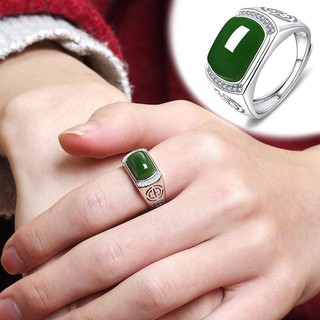 S925 Bạc Tự Nhiên Hetian Ngọc Nhẫn Nam Nữ Jasper Nhẫn Nam Nữ Phong Cách Sống Có Thể Điều Chỉnh Nhẫn Bạc 5
