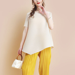 Miyake Phong Cách Xếp Ly Top Nữ Thời Trang Không Đều Rời Ôm Hơn Nhìn Áo Thun Màu Trơn Phù Hợp Xếp Ly Áo Sơ Mi Nhỏ Ngắn