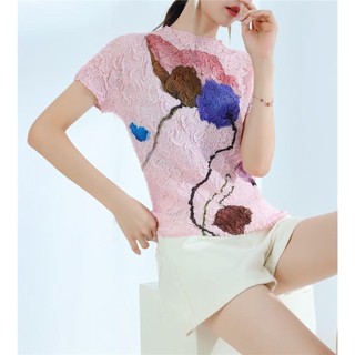 Miyake Slim-fit Cổ Tròn Ngắn Tay Phong Cách Trung Hoa Xếp Ly Đáy Top Nữ Xuân Hè Phong Cách Mới Màu Sắc Tương Phản Quần Áo Xếp Ly