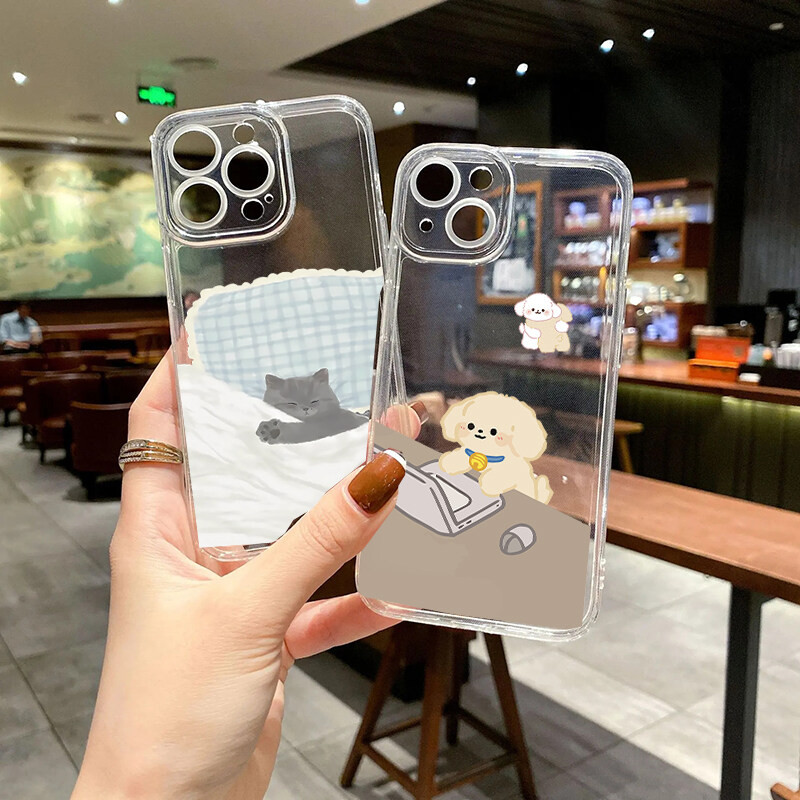 Ốp Lưng Cho IPhone 16e 16 15 14 13 12 11 Pro Max 15 16 Plus 13 12 Mini 7 8 SE Vỏ Chó Làm Việc Dễ Thương Ngủ Mèo Động Vật Trong Suốt Mềm Chống Sốc Hoạt Hình Trong Suốt