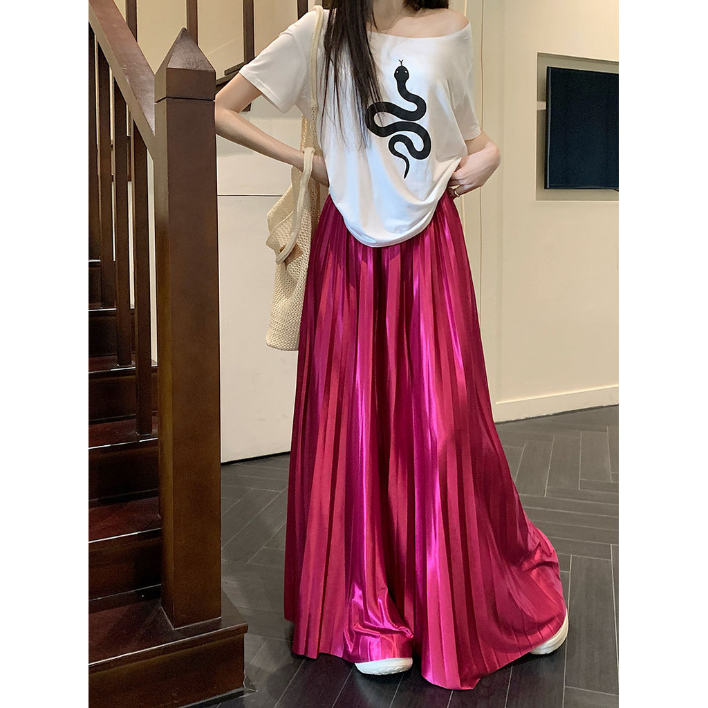 SUXI Tính khí mùa xuân Thiết kế nhẹ nhàng Drape Váy dài nữ cạp cao 250228