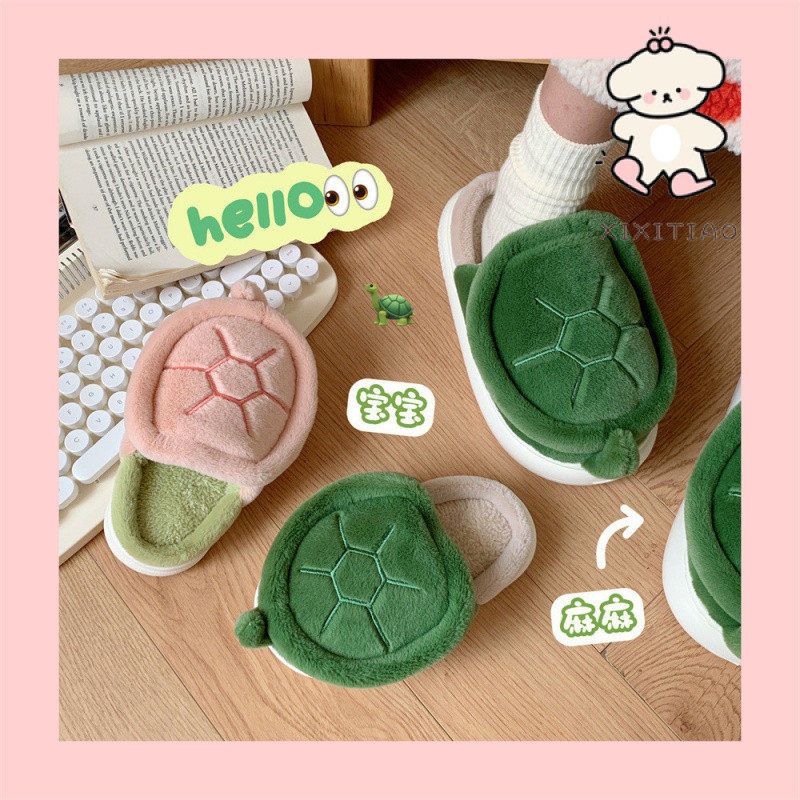 Xixitiao Cotton Dép Nam Nữ Lông Cừu Lót Sáng Tạo Vui Nhộn Nhỏ Rùa Đế Mềm Nhà Thời Trang Ấm Áp Thoải Mái