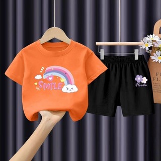 Bộ quần áo mùa hè in hình cầu vồng năm 2025 dành cho bé gái Bộ quần Short và áo thun ngắn tay đầy màu sắc