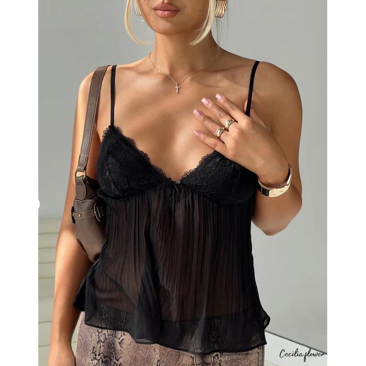 Nữ Xếp Ly Camisole Mini Nơ Trước Spaghetti Dây Đeo Cổ Chữ V Ren Crop Top