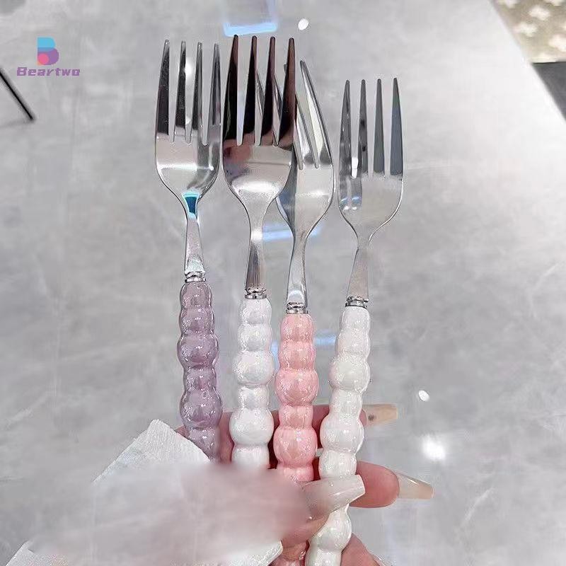 < Beartwo > Phuộc Tay Cầm Ngọc Trai Cho Món Tráng Miệng Gia Đình Bít Tết Inox Nĩa Salad Món Tráng Miệng Pasta Nĩa Phụ Kiện Nhà Bếp Tiện Ích Đẹp