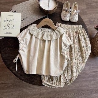 Áo thun ngắn tay cho bé gái mùa hè + quần dài hoa hai mảnh, bộ thời trang mới mùa hè, phong cách Mori, trang phục mùa hè cho trẻ em, bộ quần hoa chống muỗi cho bé gái