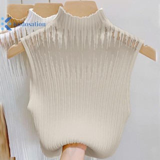Kudosation Mùa Hè Hàn Quốc Nửa Cổ Rùa Rỗng Dệt Kim Áo Vest Nữ Màu Trơn Không Tay Slim Tank Top Đẹp