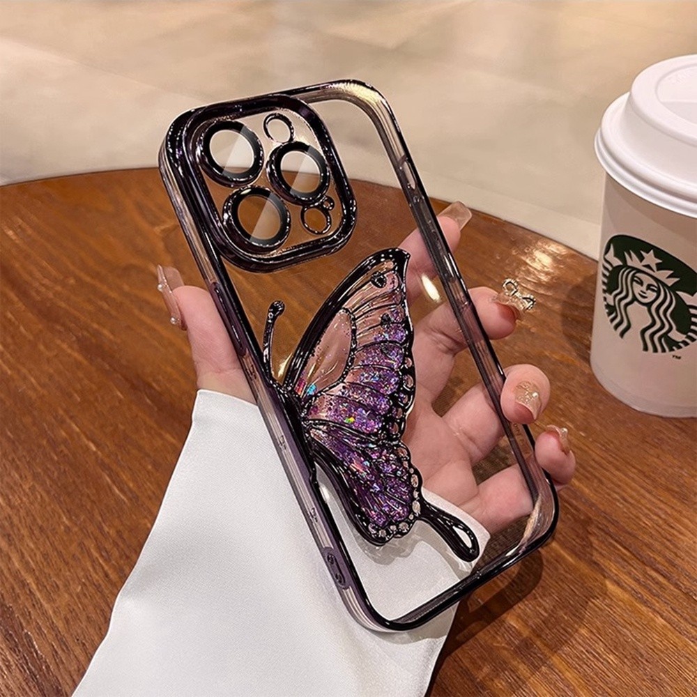 Ốp điện thoại hình bướm lấp lánh Gradient cho IPhone 12 13 14 15 Pro Max 16 Plus Vỏ nhựa TPU mềm có bảo vệ Camera Vỏ chống sốc