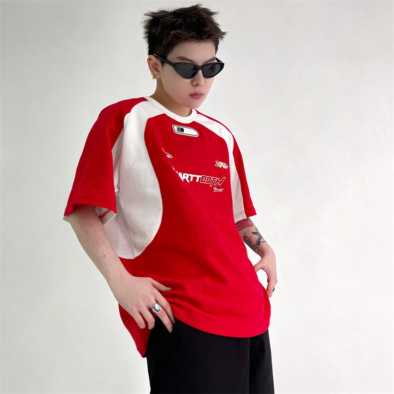 ThaliaWisp Nam Tay Ngắn Mùa Hè Mỹ Retro Đường Phố Cao Cấp Màu Sắc Nối Xe Máy Thiết Kế Phong Cách Rời Cổ Tròn Áo Thun Tay Ngắn