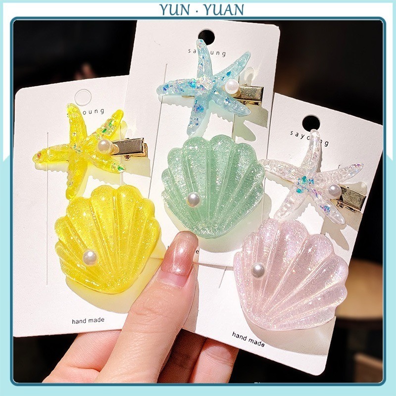 [Yunyuan] Vỏ sao biển đầy màu sắc phong cách Hàn Quốc dành cho nữ Kẹp bên ngọt ngào bên bờ biển Màu kẹo Kẹp tóc dễ thương Phụ kiện tóc Kẹp đàn hồi