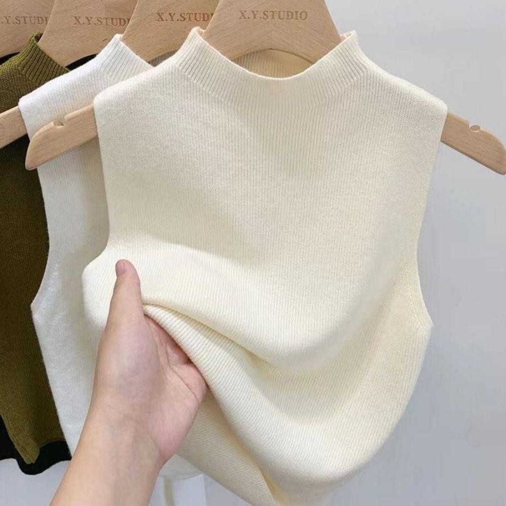 Áo len dệt kim SUNKISSD, Áo bình giảm béo cổ nửa cổ, Áo hai dây màu trơn không tay thanh lịch dành cho nữ