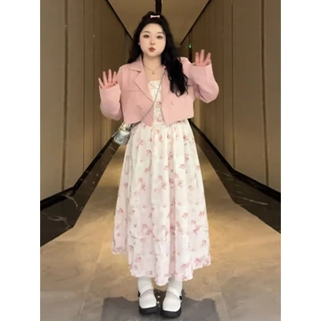 【Bess's house-bigsize】áo vest blazer nữ+váy hoa nhí dáng dài，set bigsize nữ sang chảnh，Áo khoác ngoại cỡ mùa xuân kèm váy treo hoa，set đồ nữ bigsize，set váy nữ，set váy bigsize，set đồ nữ đi chơi，b