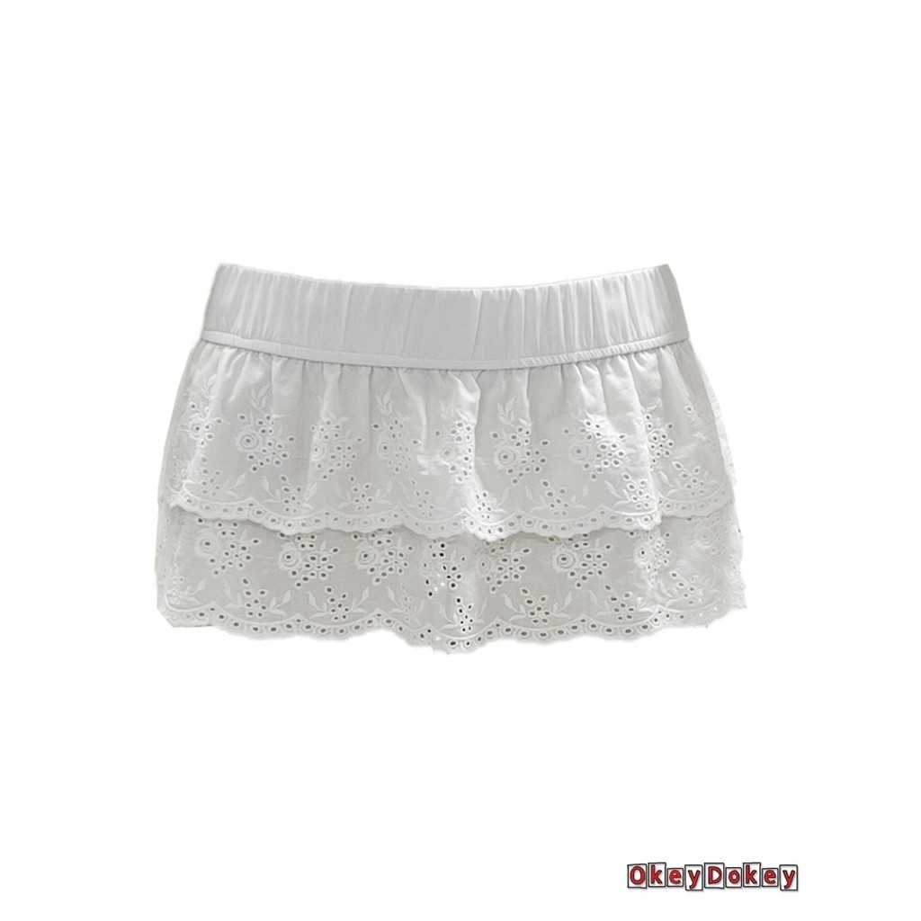 Okdk-nữ Váy Ngắn Trắng Dễ Thương Rỗng Dây Thêu Nữ Mini Co Giãn Eo Ruffle Thấp Tầng Váy