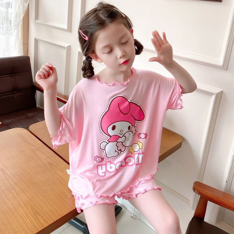 Trẻ Em Mỏng Bộ Đồ Ngủ 100-150 Kích Thước Bé Gái Mùa Hè Tay Ngắn Phù Hợp Với Bé Gái Nhà Quần Áo Hoạt Hình Kuromi Bộ Đồ Ngủ FKYS