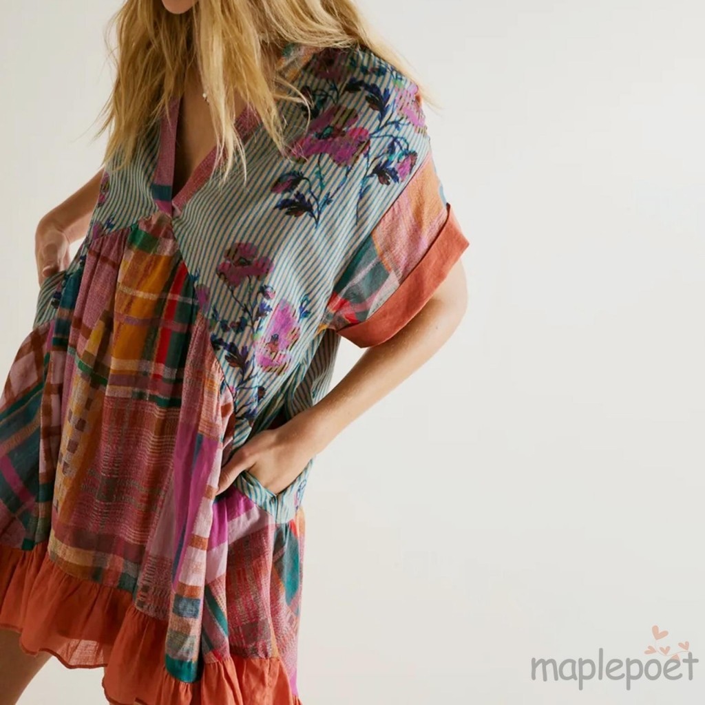 Maplepoet-đầm Babydoll mùa hè dành cho nữ Váy ngắn tay cổ chữ V in hoa Bohemian có túi