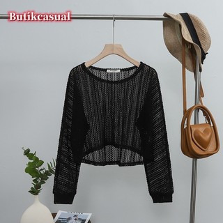 Phụ Nữ Rỗng Che Áo Sơ Mi Cổ Tròn Dài Tay Áo Summe Thời Trang Size Lớn Áo Sơ Mi Đan Ngắn