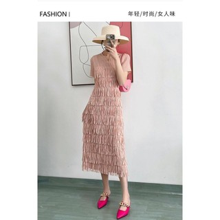 Miyake Mùa hè xếp ly cao cấp Phong cách nổi tiếng Slim-fit Tua rua khí chất màu trơn