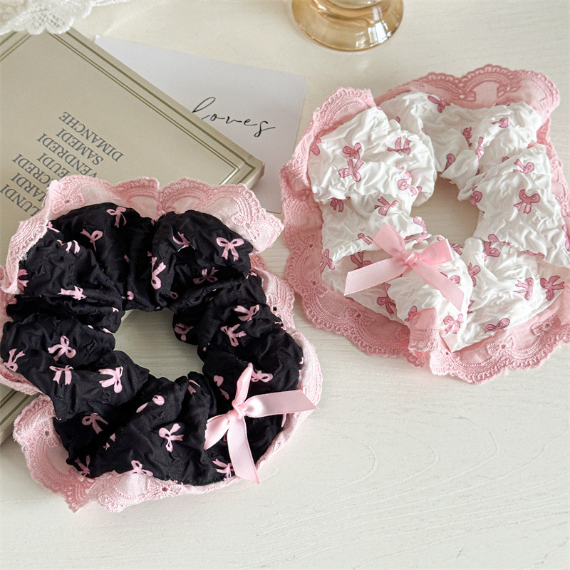 Dây Cột Tóc Scrunchies Đính Nơ Viền Ren Xinh Xắn Phong Cách Hàn Quốc Phụ Kiện Tóc Nữ và Bé Gái