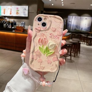 Sang Trọng Tranh Sơn Dầu Hoa Vòng Tay Ốp Lưng Điện Thoại Cho IPhone 12 13 Mini Pro Max 11 11Pro Vỏ Dây Xích 3D Sóng Cong Cạnh Vỏ Silicon Mềm