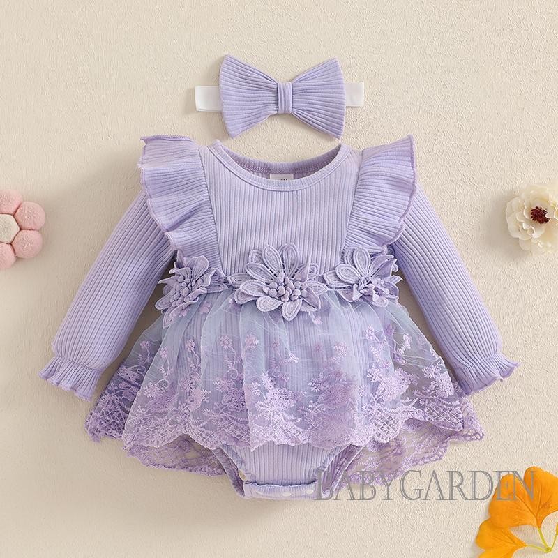 / / -Baby Girls Lưới 3D Váy liền quần dài tay có gân + Băng đô nơ