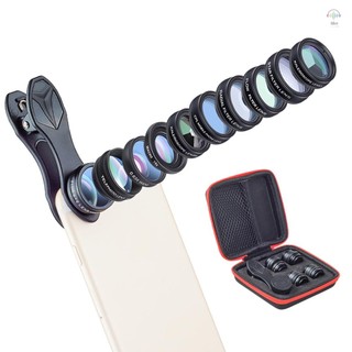 Hilivn) Bộ ống kính máy ảnh điện thoại 10 trong 1 APEXEL với góc rộng 0,63X + Macro 15X + 198°Fisheye + Telephoto 2X + CPL + Bộ lọc sao + Bộ lọc xuyên tâm + Bộ lọc lưu lượng + Kính vạn hoa 3 + Kale
