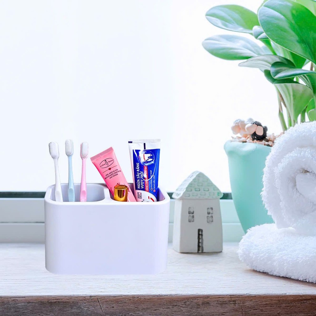 Giá để bàn chải, kem đánh răng kệ 3 ngăn kèm miếng dán keo không cần khoan tường tiện lợi me bé