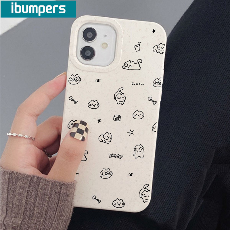 ibumpers Ốp Điện Thoại iPhone Họa Tiết Mèo Đẹp Đơn Giản Cho IPhone 16 15 14 12 13 11 Pro Max IP 7 8 Plus X XS XR Ốp Lưng Ống Hút Lúa Mì Phân Hủy Thân Thiện Với Môi Trường