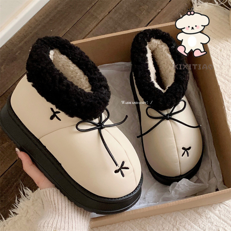 Xixitiao Mùa Đông Phong Cách Mới Phong Cách Hàn Quốc Nơ Đông Bắc Giày Cotton Nữ Thời Trang Đế Dày Bên Ngoài Mặc Cô Gái Trái Tim Chống Thấm Nước Giày Trượt Tuyết