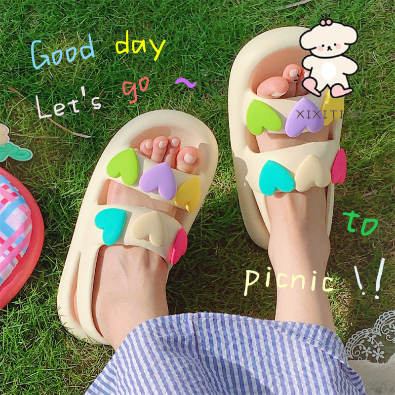 Xixitiao Phong Cách Cổ Tích Độc Đáo Ngọt Ngào Nhiều Màu Sắc Tình Yêu Dây Đeo Đôi Dép Mùa Hè Nữ Mềm Đế Dày Mặc Bên Ngoài Shit-Steping Giày Đi Biển