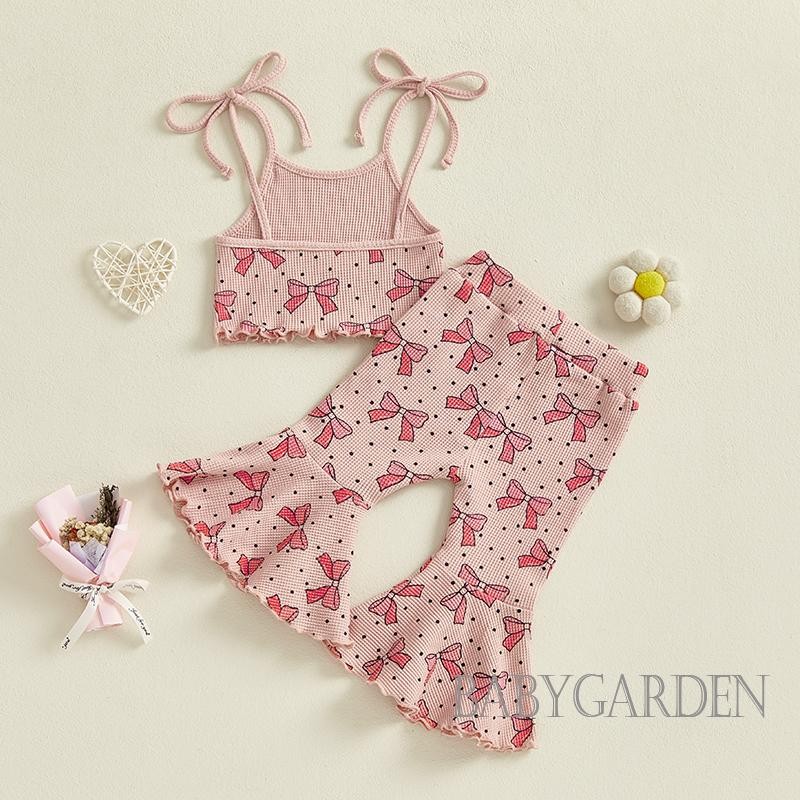 / / -6M-5Y Bé Gái Trang Phục Mùa Hè Cho Bé Gái Áo Nơ In Dây Đeo Spaghetti Không Tay Áo + Quần loe