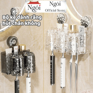 Kệ Để Bàn Chải Đánh Răng Hút Tường Kèm 4 Cốc Tiện Lợi, Kệ Để Đồ Đa Năng Trong Suốt Chịu Lực Tốt NGÓI HOME - KDR04