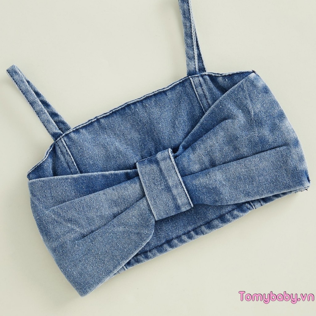 Bộ trang phục 2 món mùa hè cho bé gái Bộ Áo hai dây Denim cổ điển kèm quần short nơ