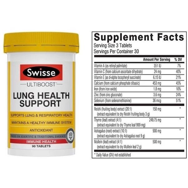 Bổ phổi Swisse Ultiboost Lung Health Support 90 viên giúp giảm ho, long đờm, tăng khả năng miễn dịch, bảo vệ hệ hô hấp