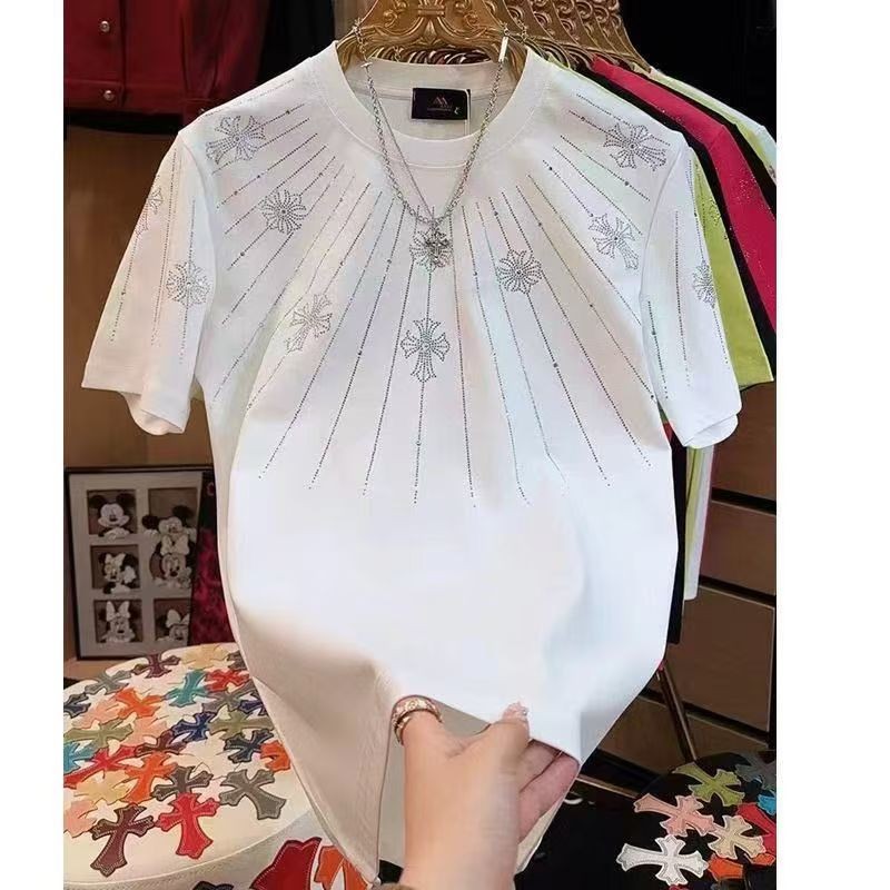 2025 Nhẹ Sang Trọng Công Nghiệp Nặng Dạo Phố Nam Cổ Tròn Cặp Đôi Hợp Thời Trang Phù Hợp Với Thời Trang Đen Full Kim Cương Nửa Tay Thời Trang Tròn Ne